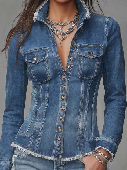 Chaqueta Camisera Denim Azul Borde Deshilachado