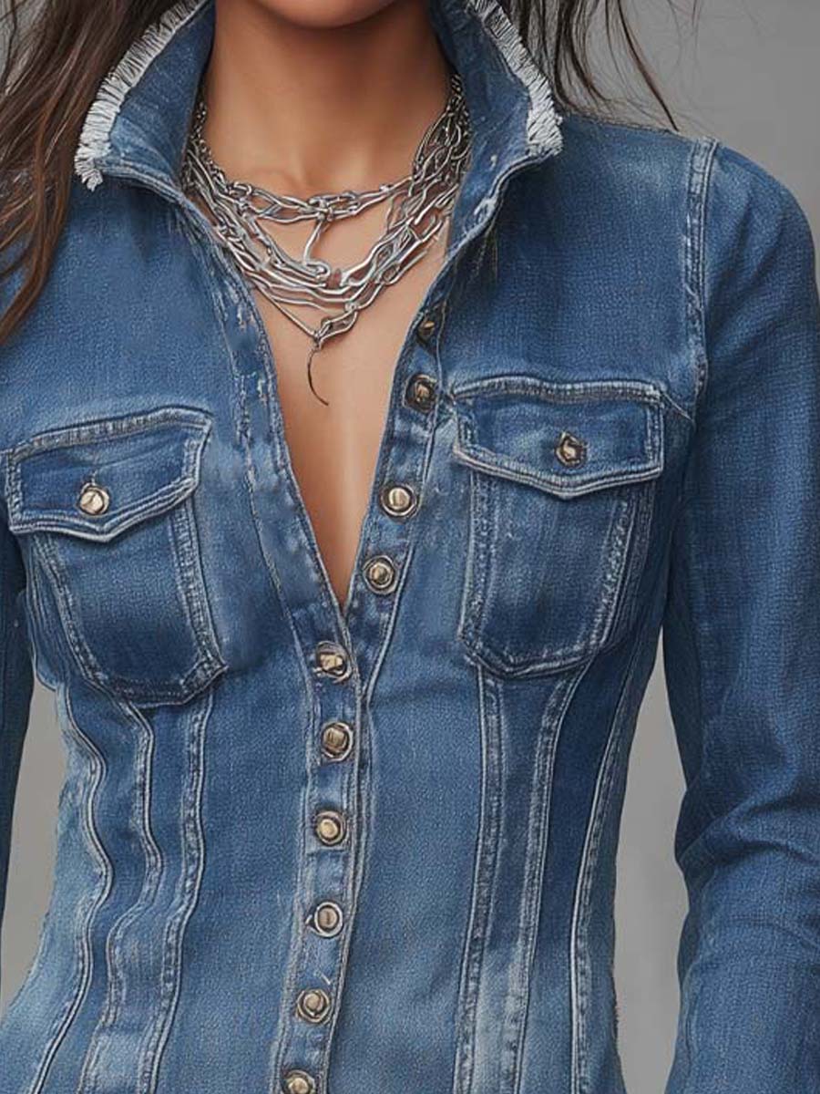 Chaqueta Camisera Denim Azul Borde Deshilachado