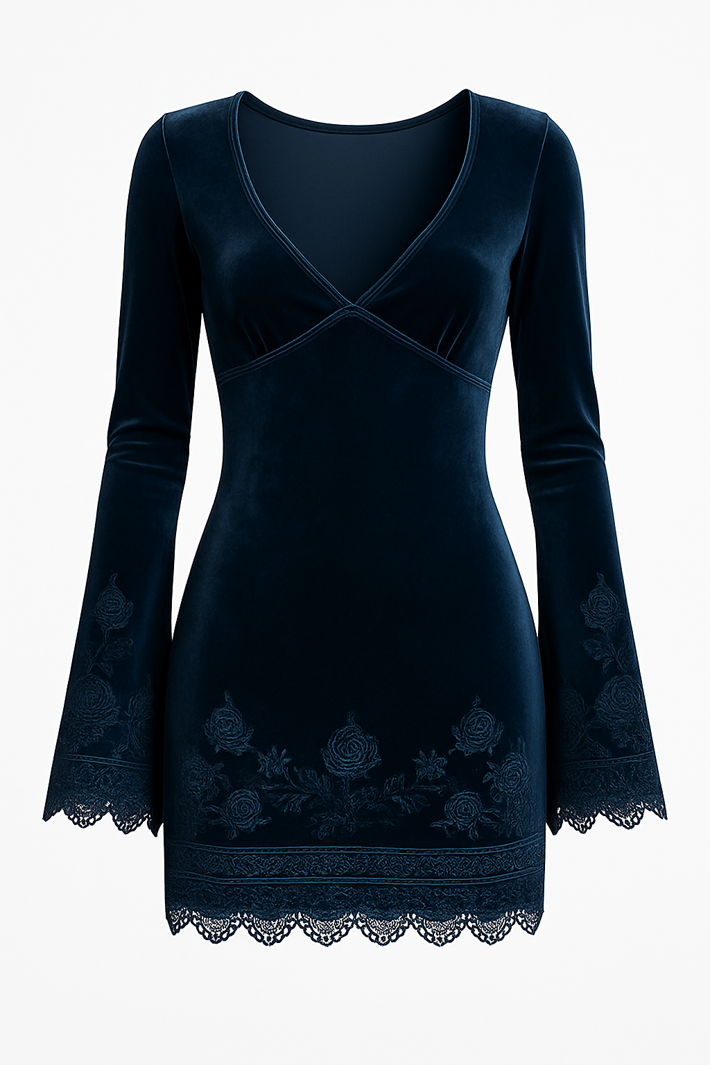 Vestido Mini Terciopelo Azul Medianoche Bordado Encaje