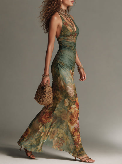 Vestido Maxi Verde Musgo Estampado Pintura Malla