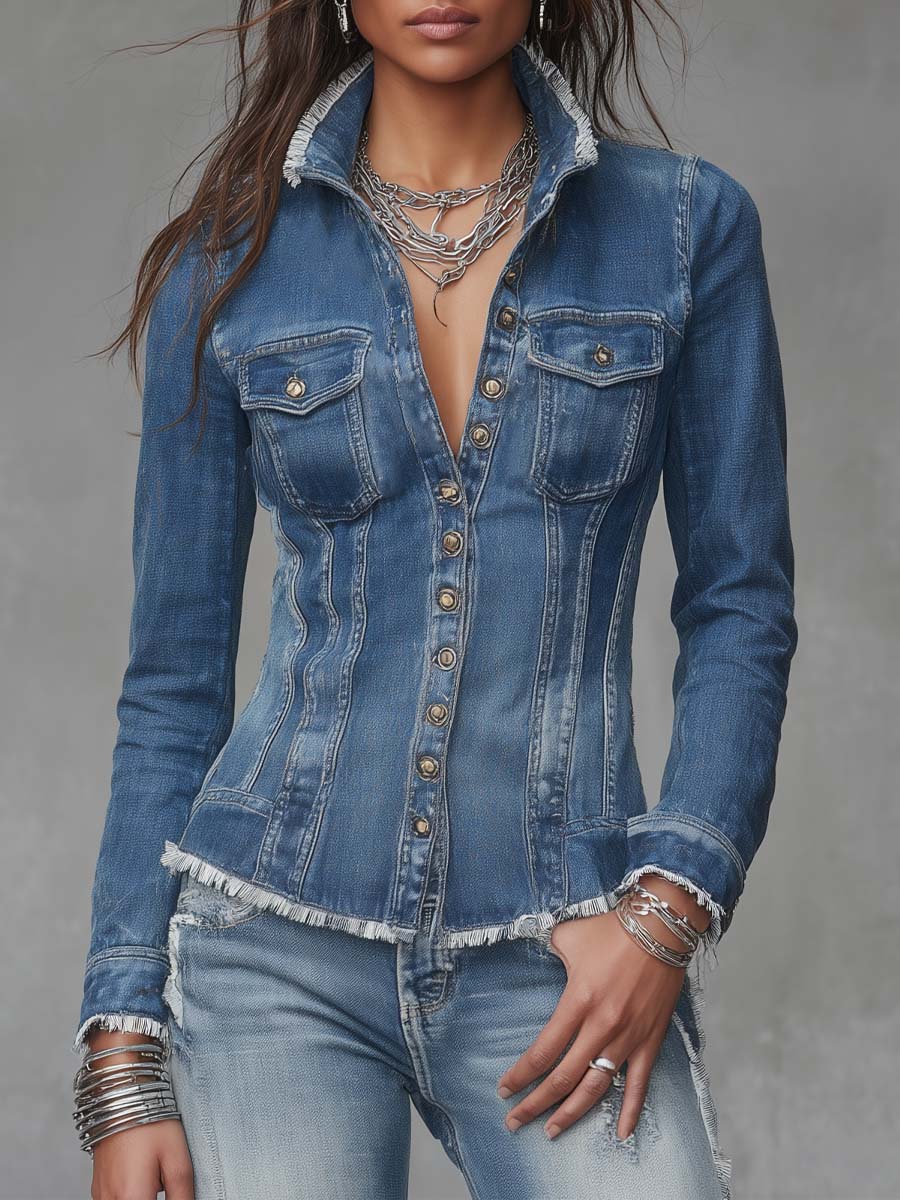 Chaqueta Camisera Denim Azul Borde Deshilachado
