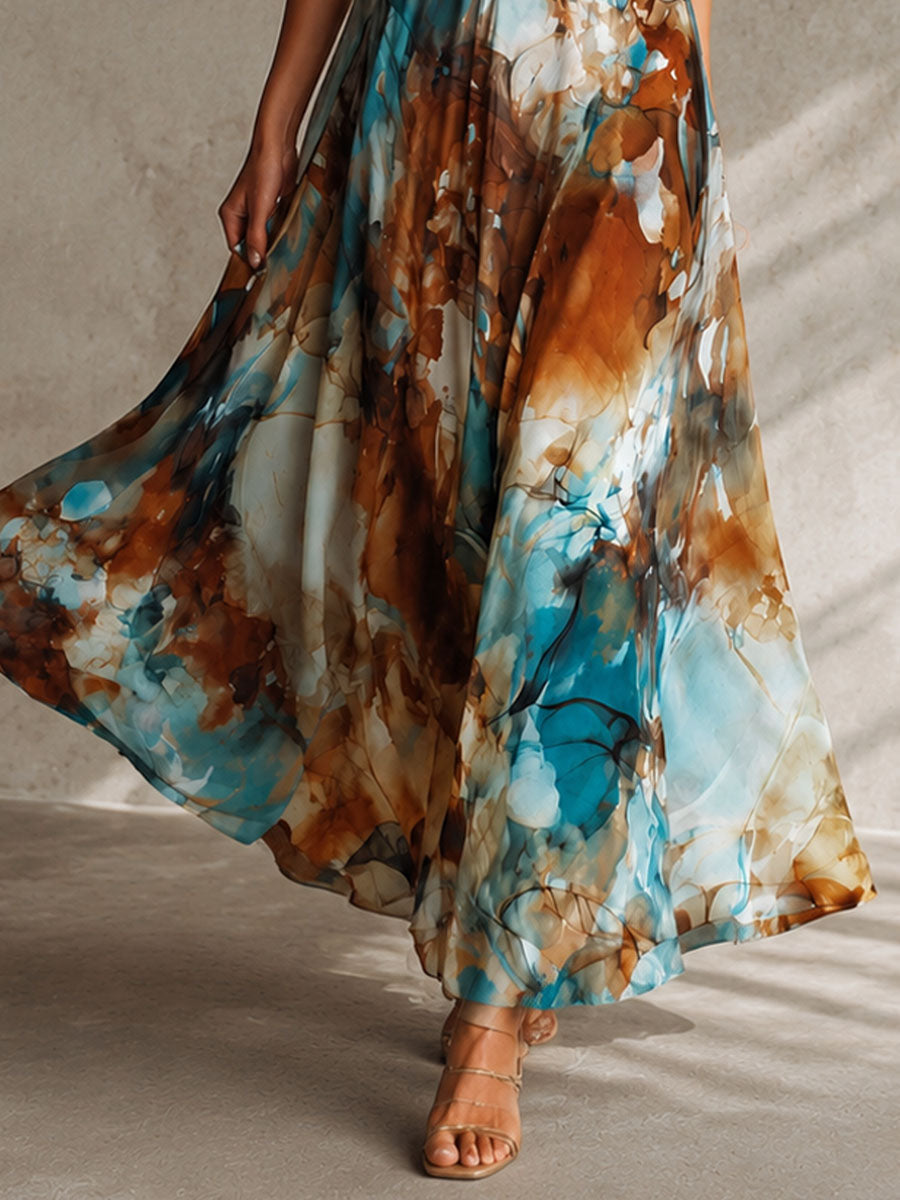 Vestido Maxi Ámbar Boho Acuarela Tirantes Chiffon