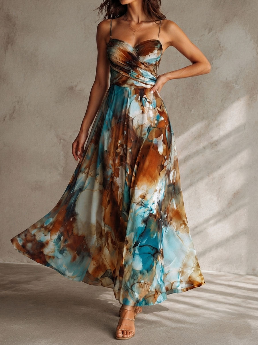 Vestido Maxi Ámbar Boho Acuarela Tirantes Chiffon