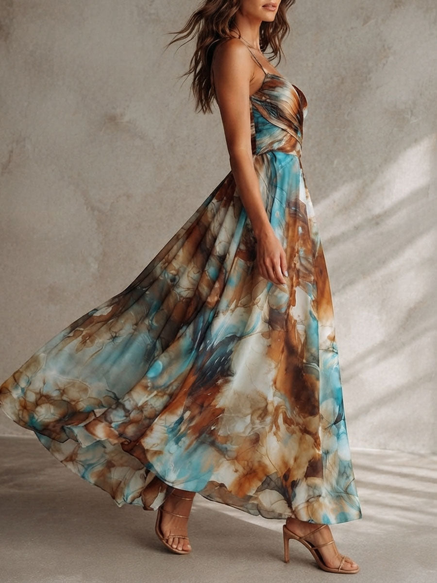 Vestido Maxi Ámbar Boho Acuarela Tirantes Chiffon