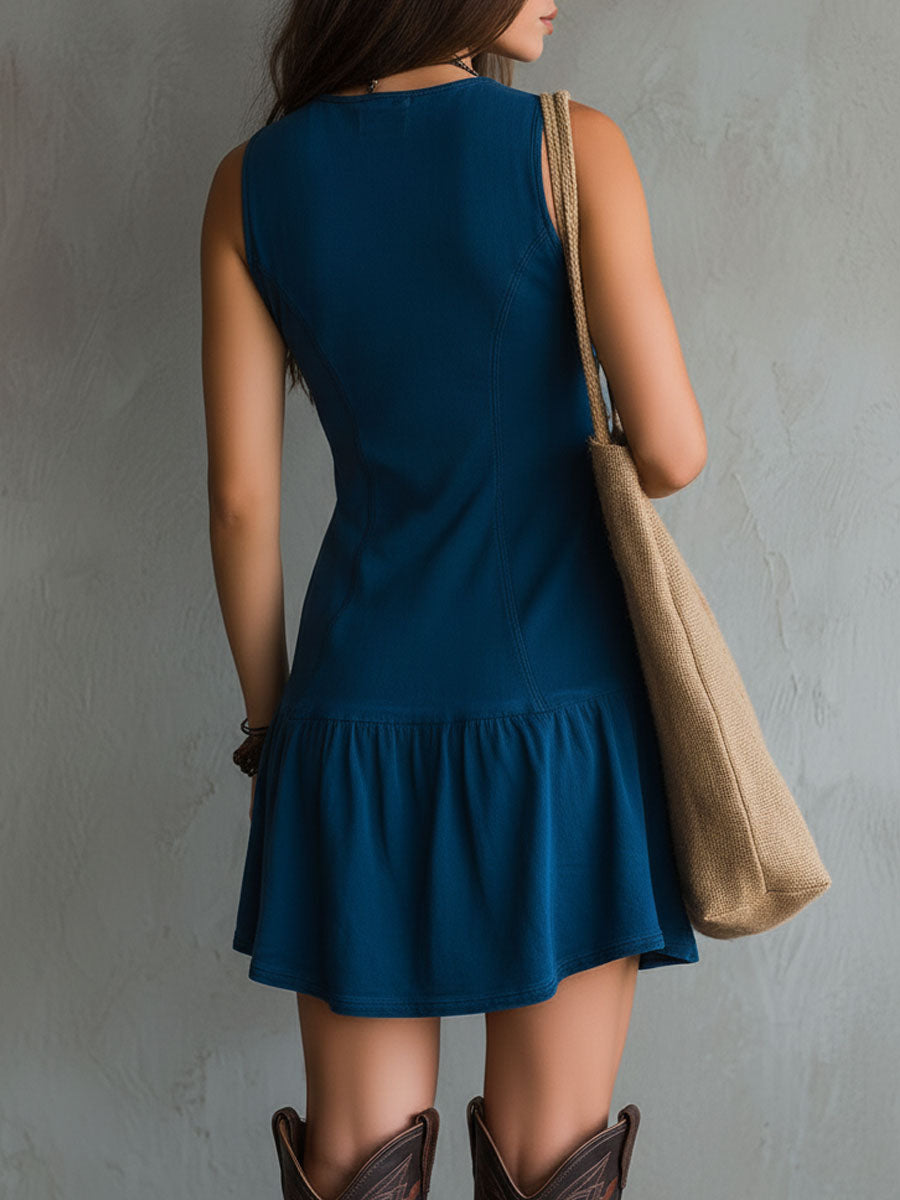 Vestido Mini Índigo Boho Bordado Botones