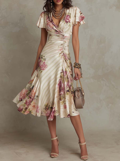 Vestido Midi Marfil Floral Chiffon Cruzado