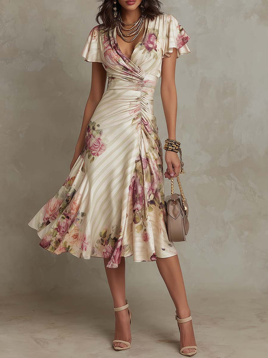 Vestido Midi Marfil Floral Chiffon Cruzado