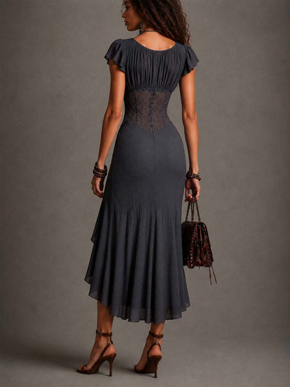 Vestido Midi Gris Oscuro Corsé Fruncido