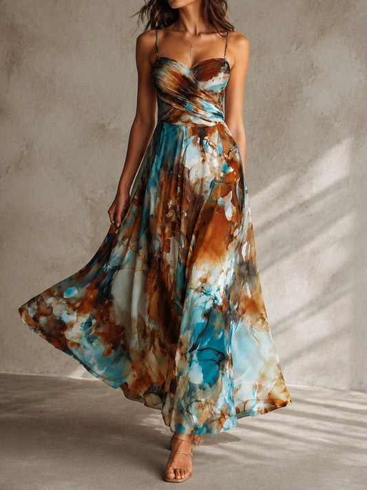 Vestido Maxi Ámbar Boho Acuarela Tirantes Chiffon