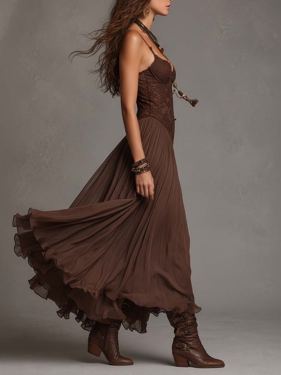 Vestido Maxi Marrón Oscuro Encaje Corsé Chiffon
