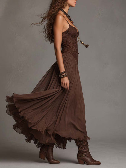 Vestido Maxi Marrón Oscuro Encaje Corsé Chiffon