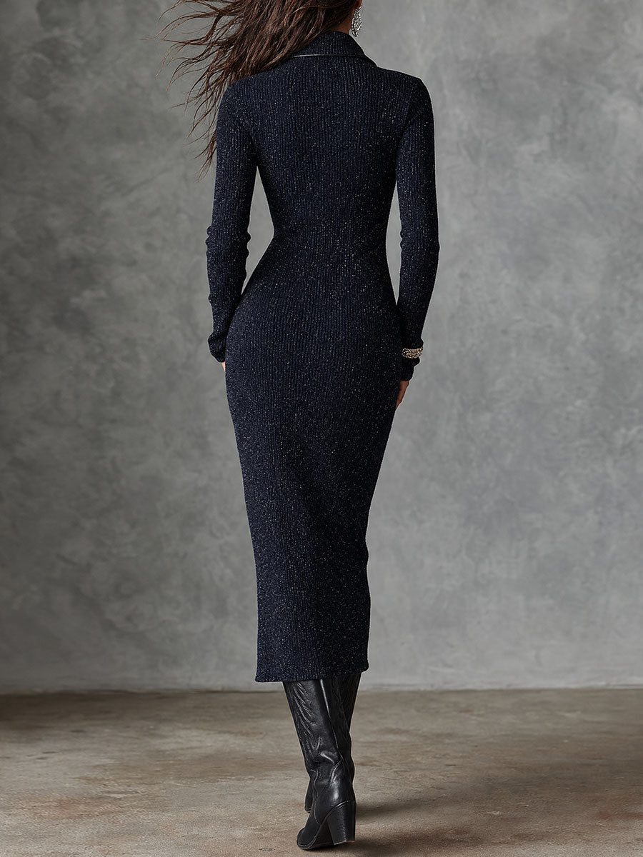 Vestido Midi Punto Azul Marino Cremallera Brillante