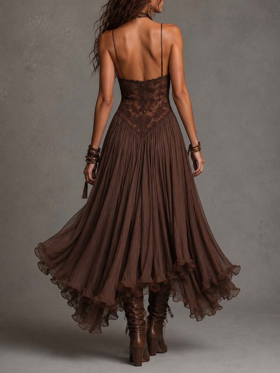 Vestido Maxi Marrón Oscuro Encaje Corsé Chiffon
