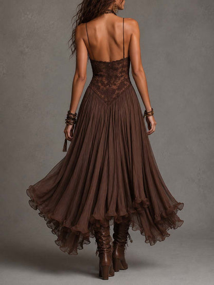 Vestido Maxi Marrón Oscuro Encaje Corsé Chiffon