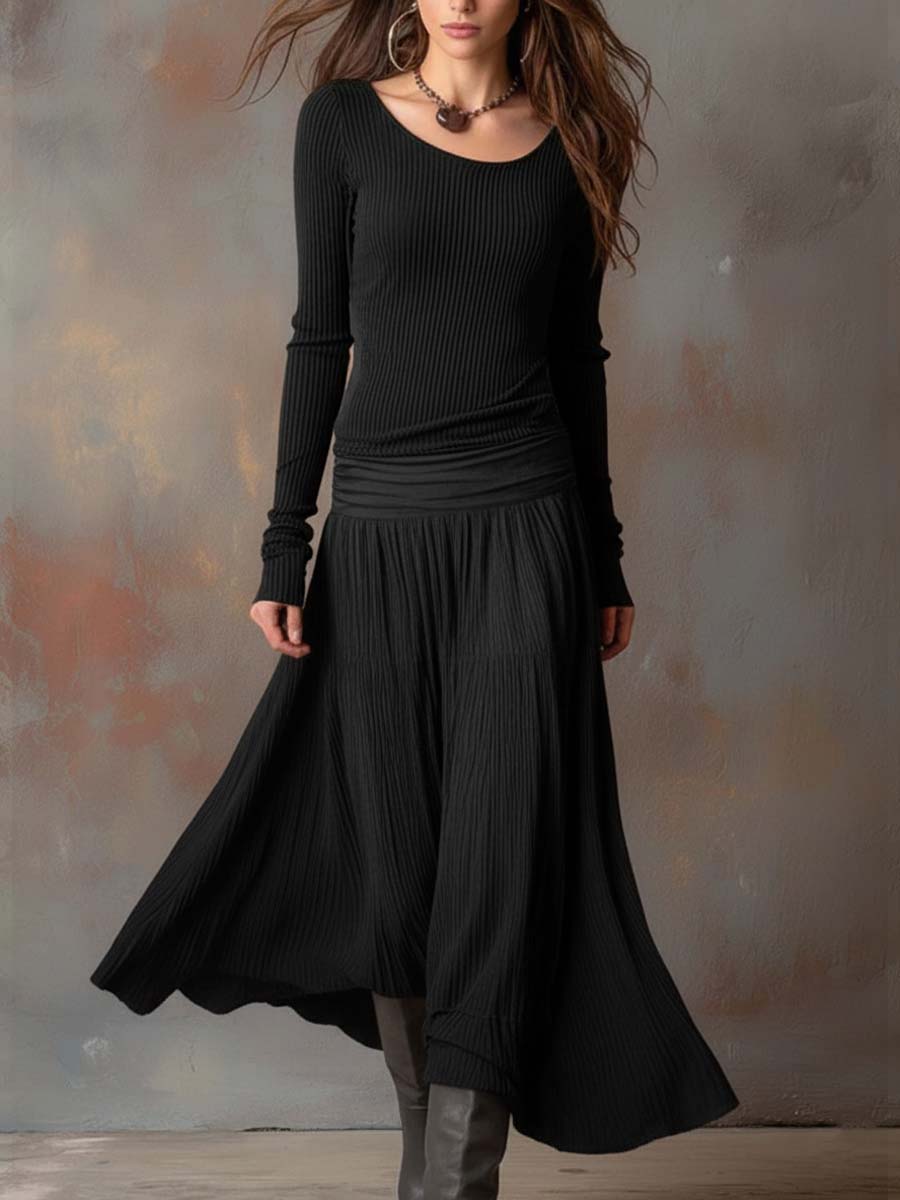 Vestido Maxi Gris Carbón Punto Canalé Plisado