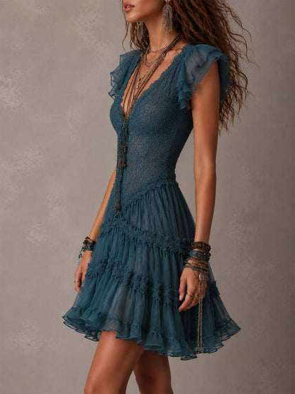 Vestido Mini Azul Marino Encaje Chiffon Volantes