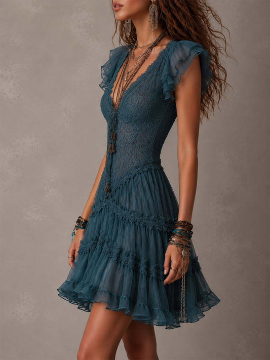 Vestido Mini Azul Marino Encaje Chiffon Volantes