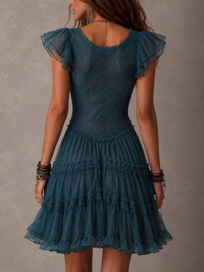 Vestido Mini Azul Marino Encaje Chiffon Volantes