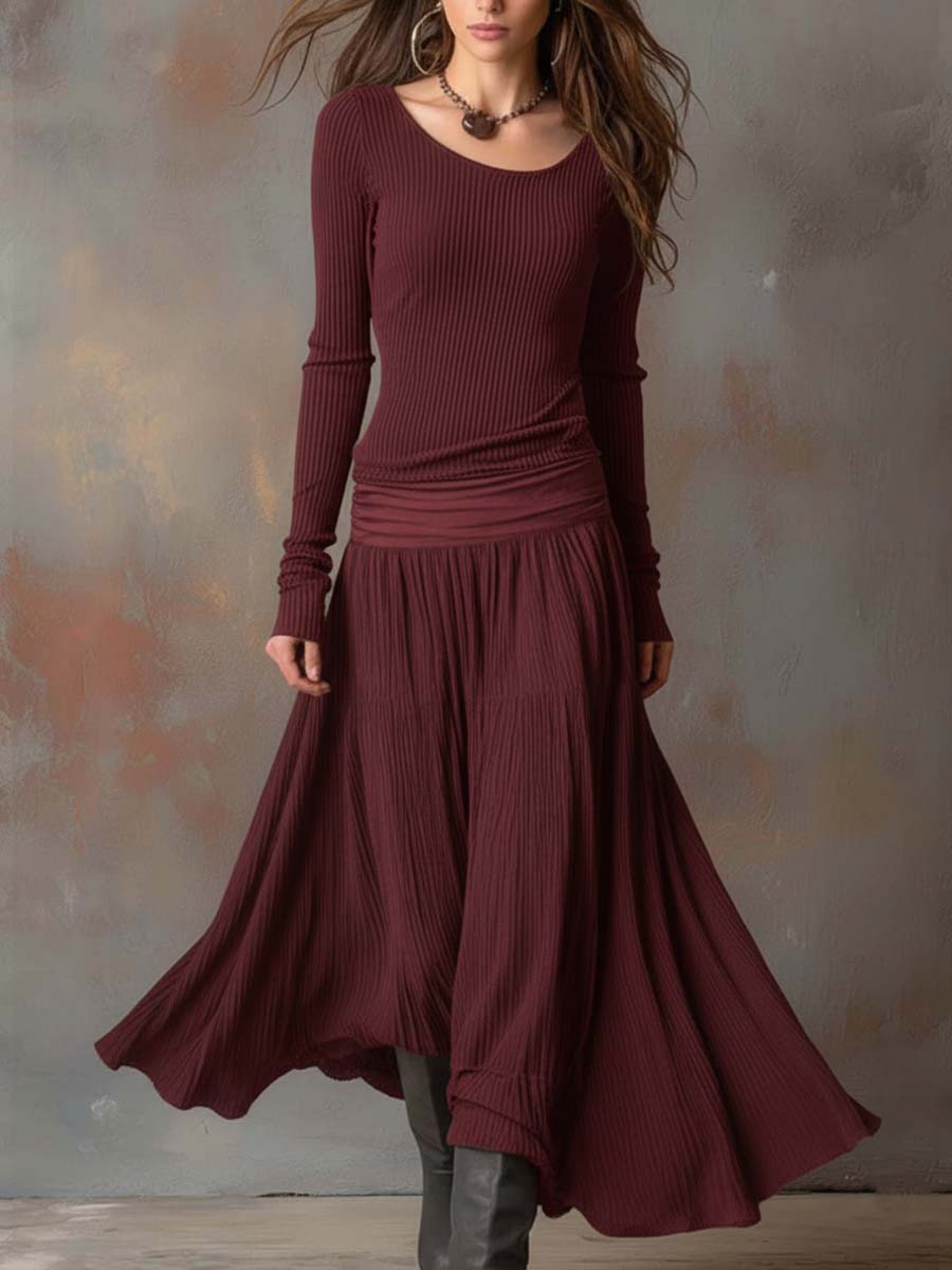Vestido Maxi Gris Carbón Punto Canalé Plisado