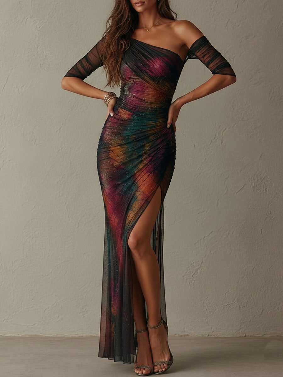 Vestido Maxi Multicolor Un Hombro Malla Fruncida