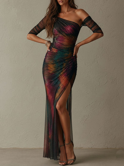 Vestido Maxi Multicolor Un Hombro Malla Fruncida