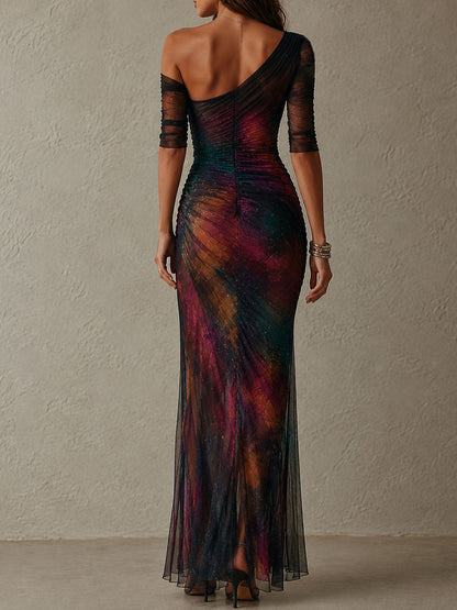 Vestido Maxi Multicolor Un Hombro Malla Fruncida