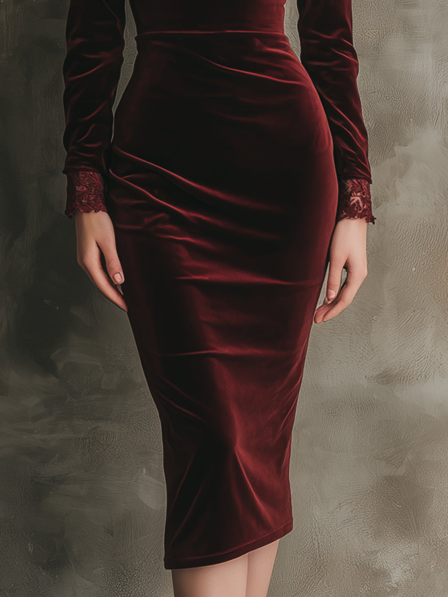 Vestido Midi Granate Encaje Terciopelo Lujo Discreto