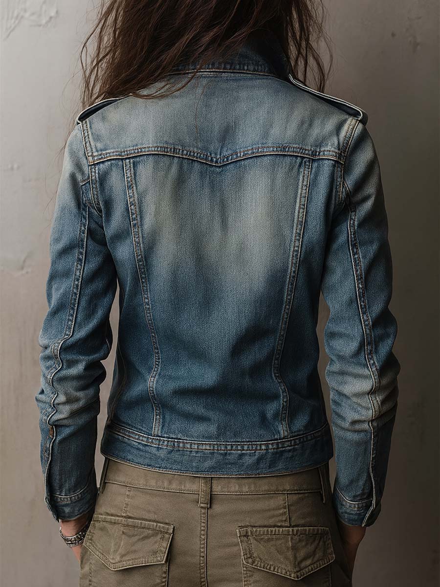 Chaqueta Denim Desgastada Hombreras Militares