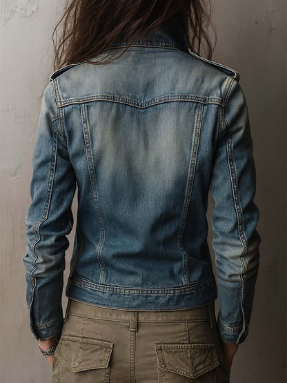 Chaqueta Denim Desgastada Hombreras Militares
