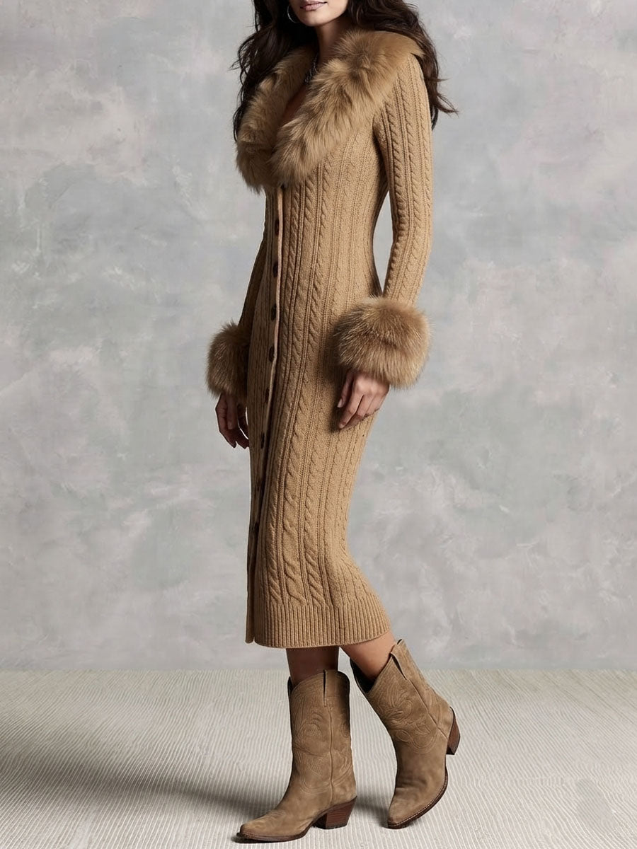 Vestido Midi Camel Punto Cuello Pelo Puños