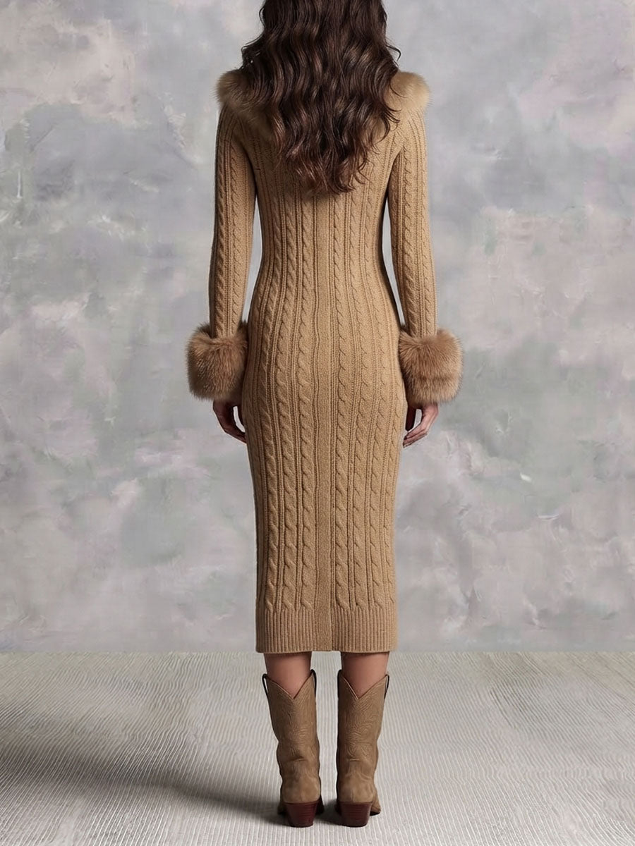 Vestido Midi Camel Punto Cuello Pelo Puños