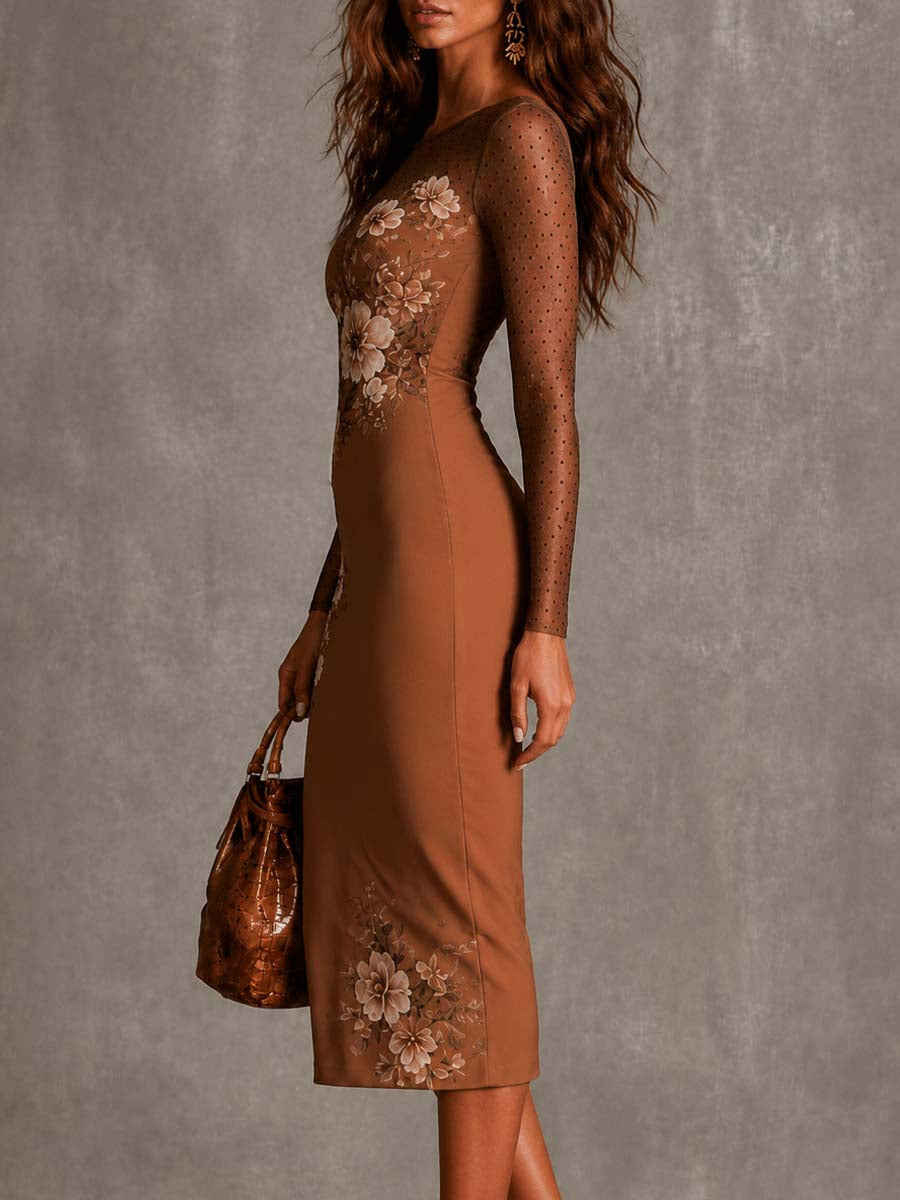 Vestido Midi Floral Vintage Caramelo