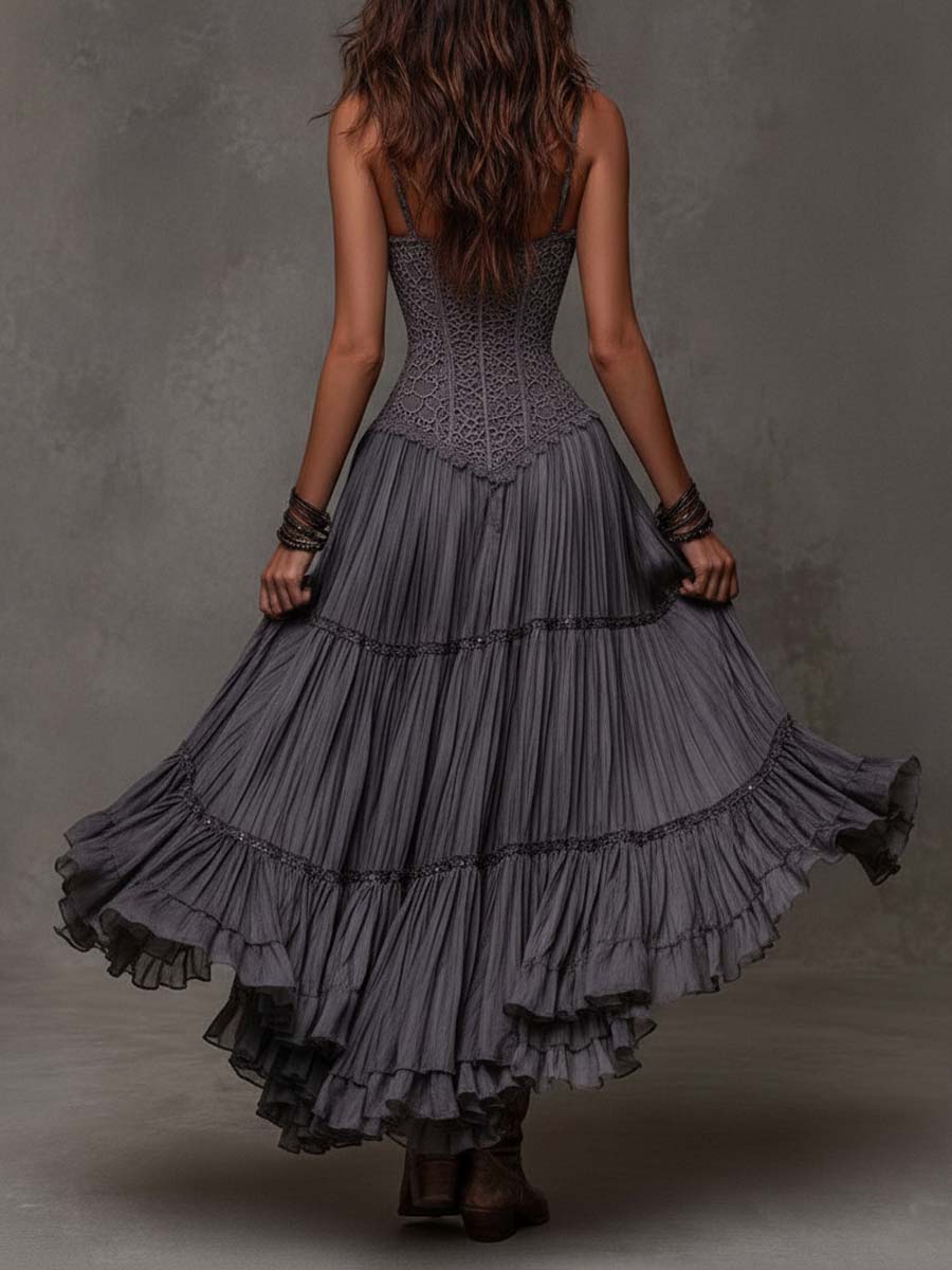 Vestido Maxi Gris Oscuro Encaje Capas Crinkle