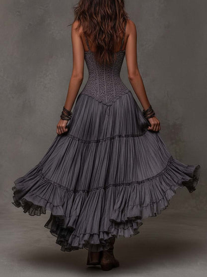 Vestido Maxi Gris Oscuro Encaje Capas Crinkle