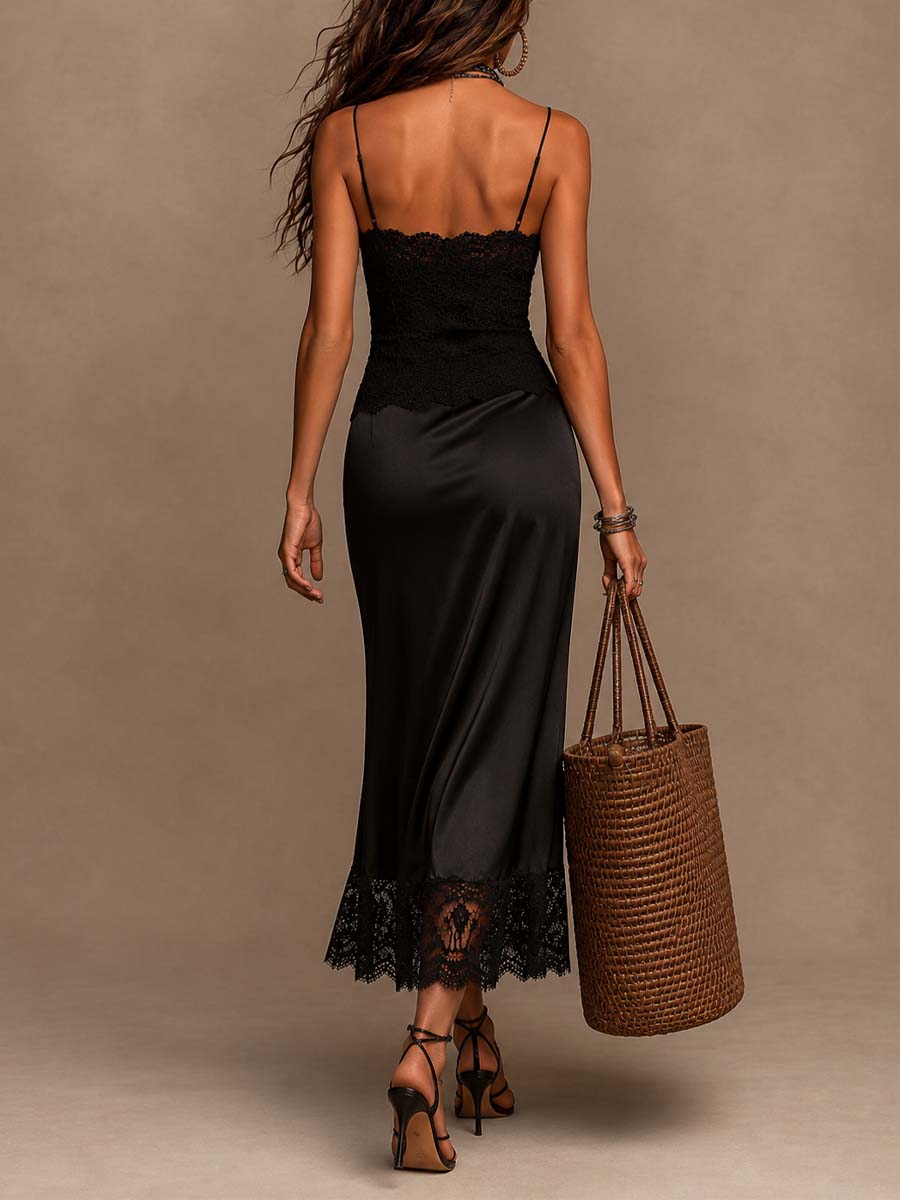 Vestido Midi Negro Cami Encaje Satén Vintage