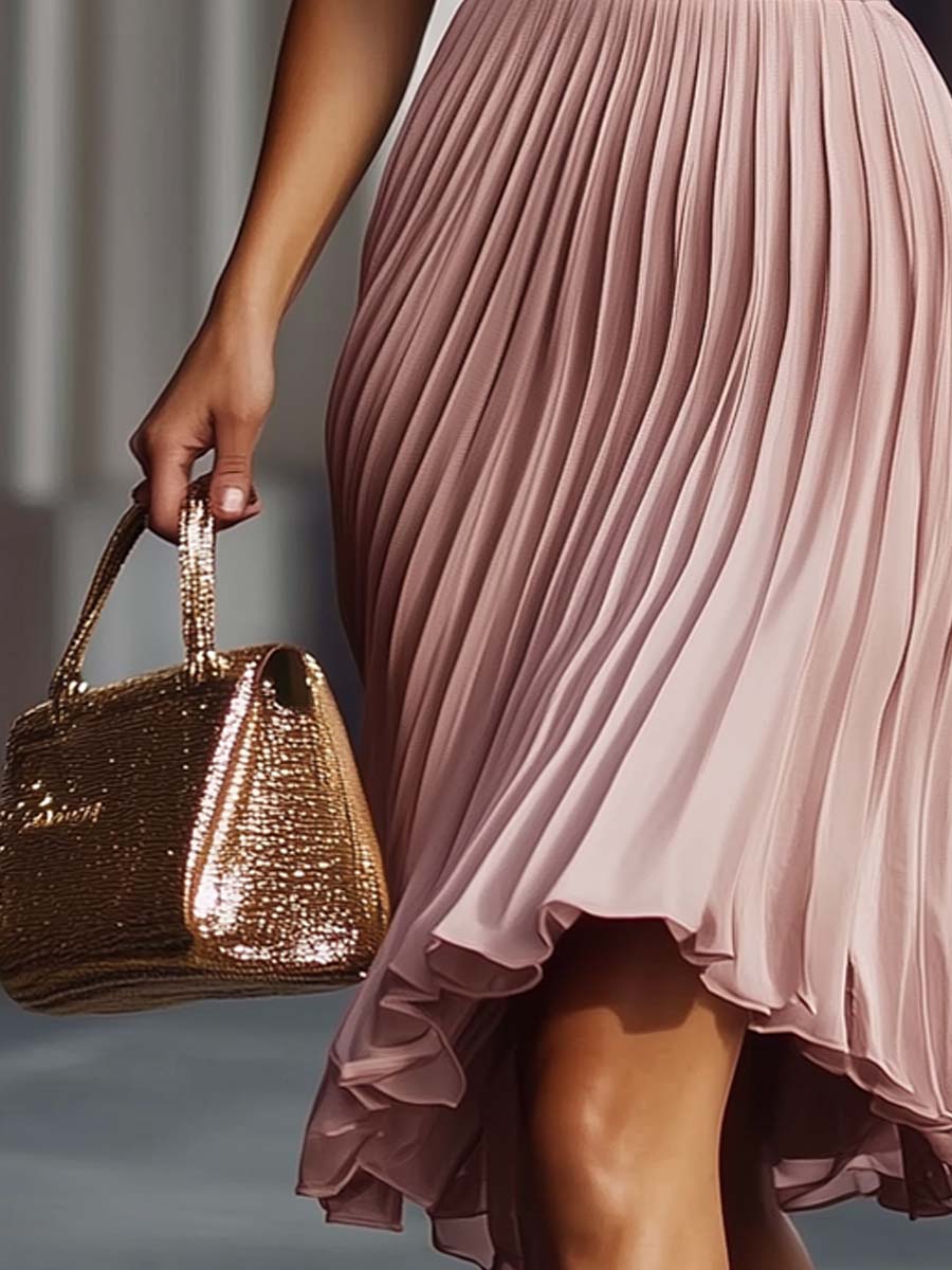 Vestido Midi Rosa Plisado Sin Mangas