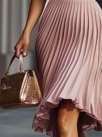 Vestido Midi Rosa Plisado Sin Mangas