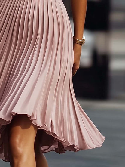 Vestido Midi Rosa Plisado Sin Mangas