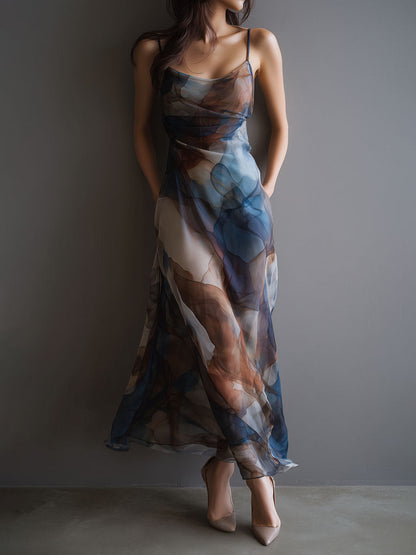 Vestido Maxi Chiffon Azul Estampado Acuarela Retro