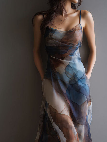 Vestido Maxi Chiffon Azul Estampado Acuarela Retro