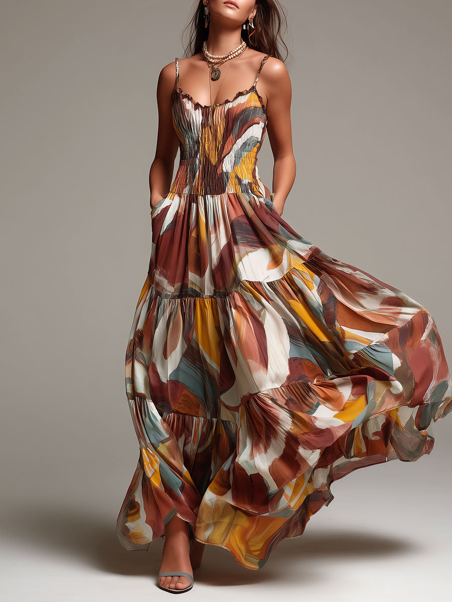 Vestido Maxi Marrón Boho Multicolor Fruncido