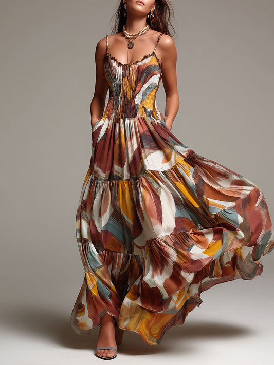 Vestido Maxi Marrón Boho Multicolor Fruncido