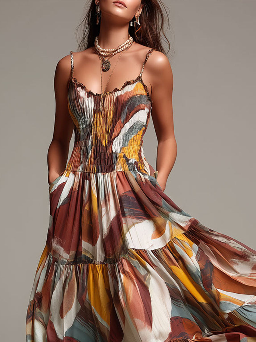 Vestido Maxi Marrón Boho Multicolor Fruncido