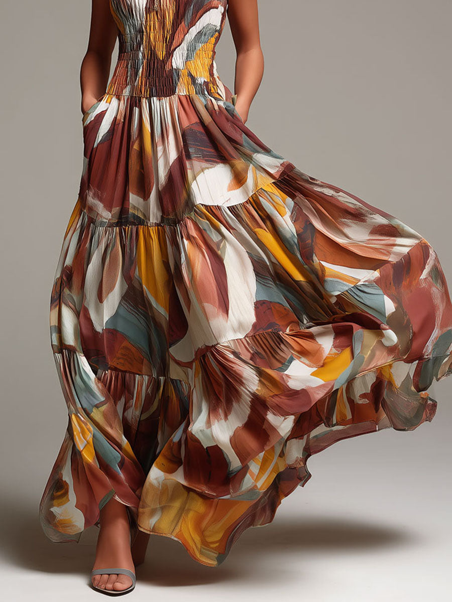 Vestido Maxi Marrón Boho Multicolor Fruncido