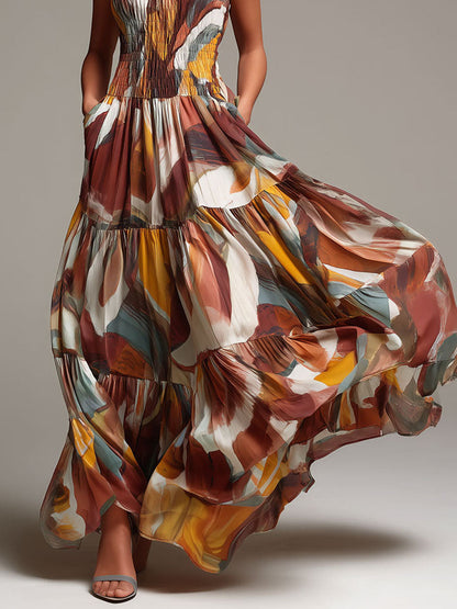 Vestido Maxi Marrón Boho Multicolor Fruncido