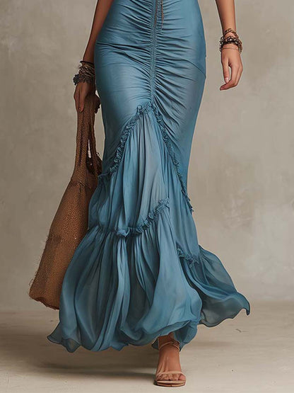 Vestido Maxi Azul Empolvado Chiffon Sirena Fruncido