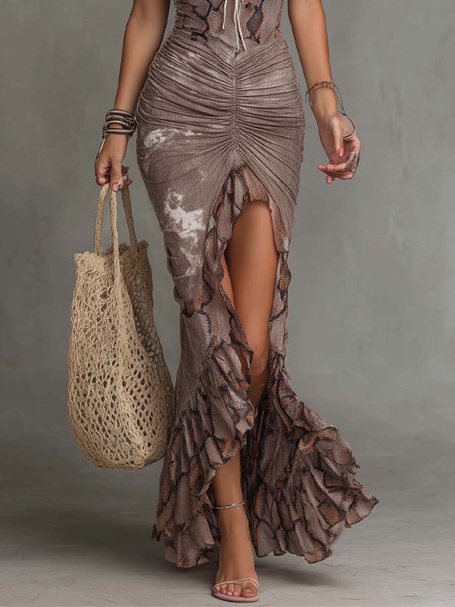 Vestido Maxi Boho Estampado Serpiente Halter Fruncido