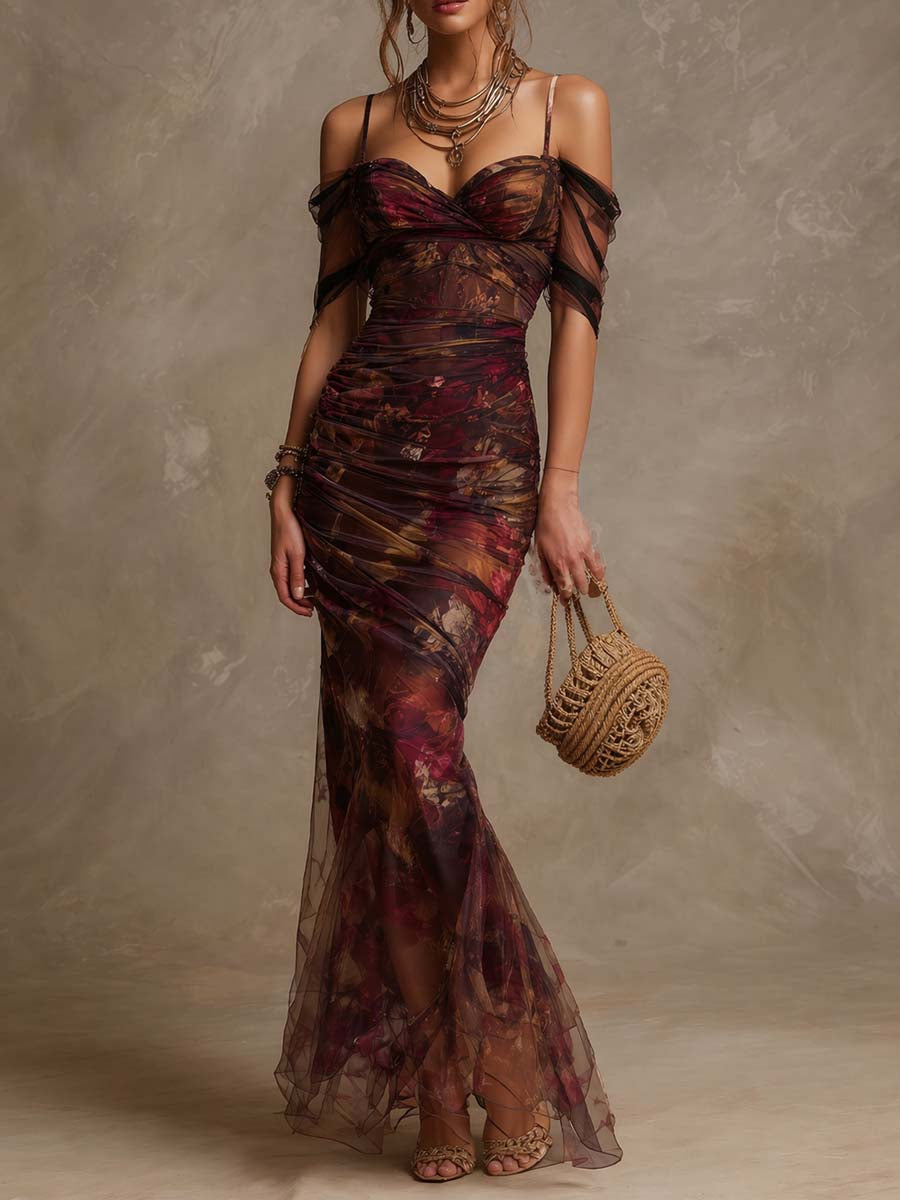 Vestido Maxi Morado Floral Malla Hombros Descubiertos