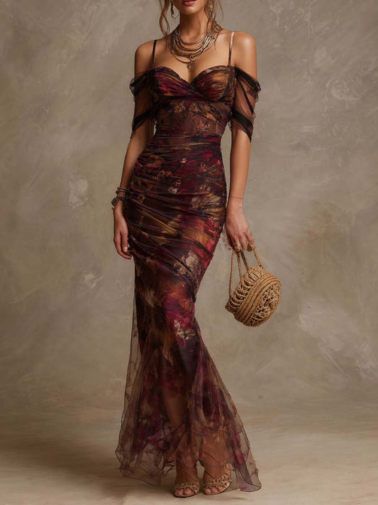 Vestido Maxi Morado Floral Malla Hombros Descubiertos