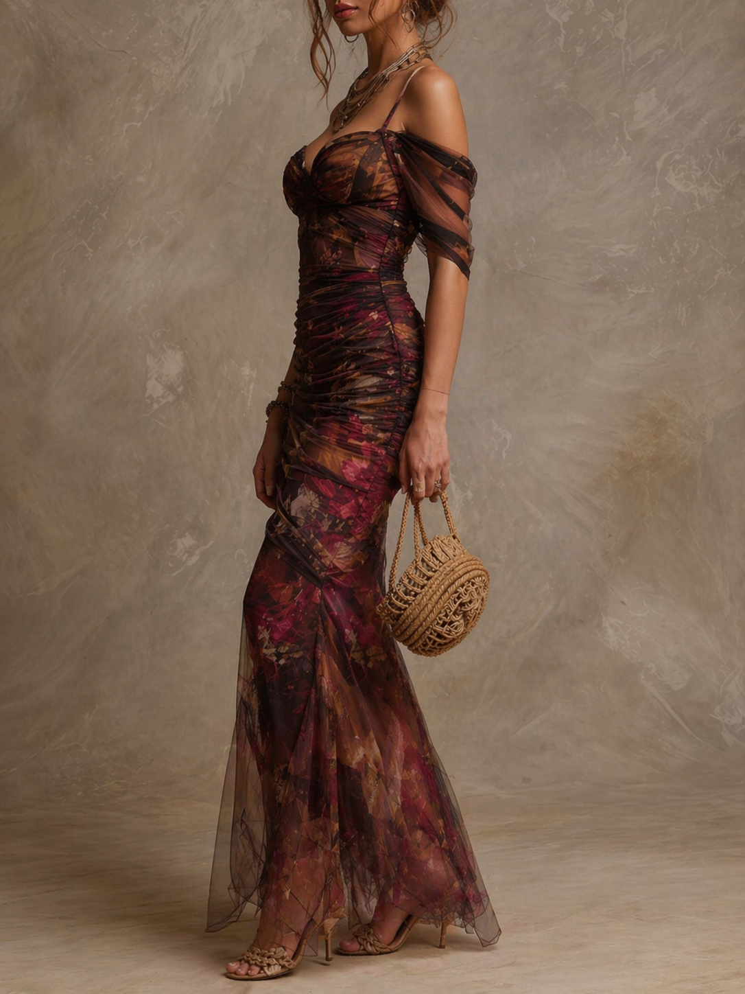 Vestido Maxi Morado Floral Malla Hombros Descubiertos